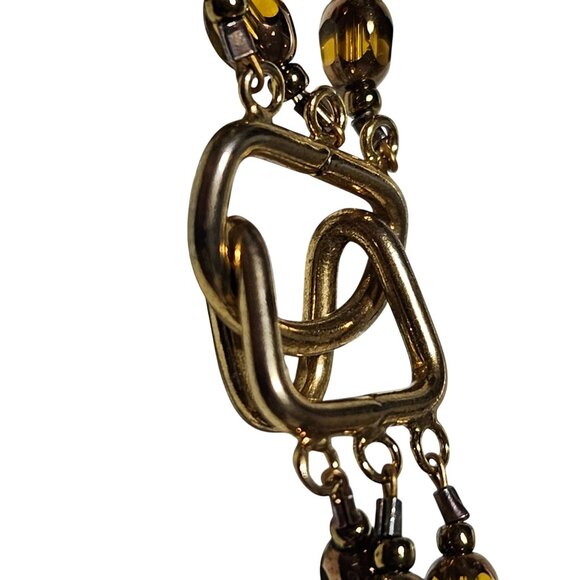 Vintage Triple Strand Red Gold Beaded Necklace Geometric Clasp Retro Fashion - Picture 3 of 6